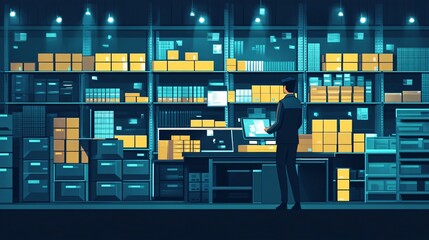 Illustration of people standing and managing the product stock system.
