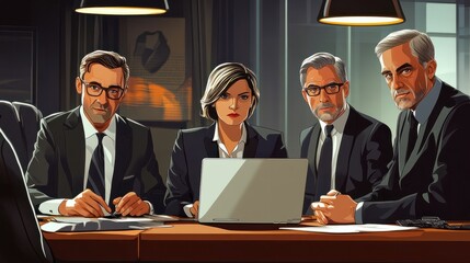 Group of business people sitting at table and working on laptop. Teamwork concept. Vector illustration in cartoon style