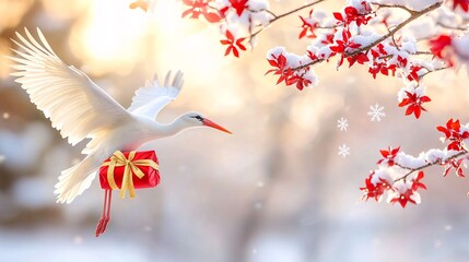 Fototapeta premium A graceful crane flies through a snowy landscape, carrying a brightly wrapped gift amidst vibrant red leaves.