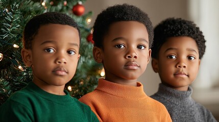 Adorable African American Triplet Boys Christmas Portrait