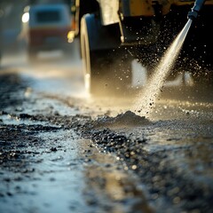 A close-up shot of a street sweeper truck spraying water on a dirt road, leaving a trail of wet pavement.