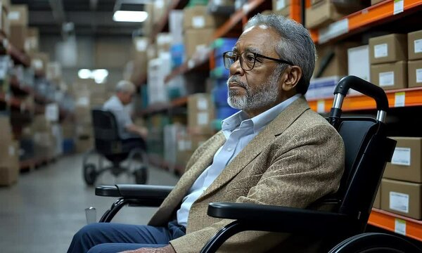 Portrait of a distinguished senior African American man in a wheelchair, wearing glasses and professional attire, in an office or warehouse environment