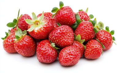 Fresh, ripe strawberries piled together, showcasing their vibrant red color and green leaves, perfect for desserts or healthy snacks