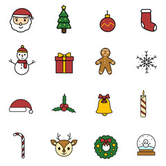 set of christmas elements, cartoon christmas elements, christmas cartoon with outline collection 