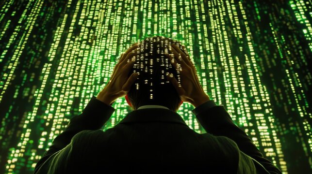 A stressed programmer staring at lines of complicated code, hands gripping their head in frustration focus on, modern office, dynamic, Composite, code editor backdrop