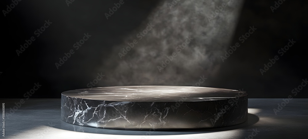 Poster 51. a high-gloss podium with a dark marble surface, illuminated by a soft spotlight, providing space