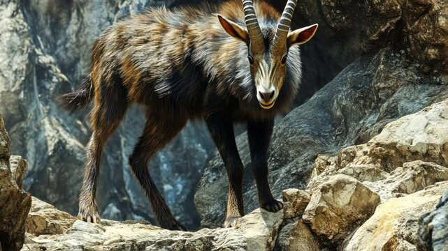 Mainland Serow navigating rocky terrain, with muscular legs and detailed facial fur.