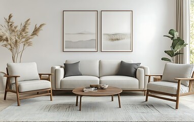 Minimalist living room with white sofa, armchairs, coffee table, artwork, and plants.