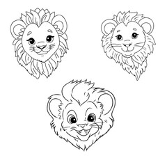 Funny lion cartoon characters vector illustration. For kids coloring book.