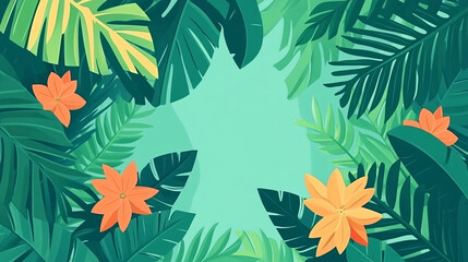 Obraz premium Tropical leaves and orange flowers frame a light blue background, creating a vibrant and summery design.