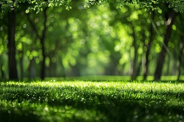 with a blurred green background of trees and grass.