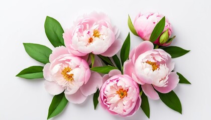 Fototapeta premium Delicate pink peonies arrangement with vibrant green foliage