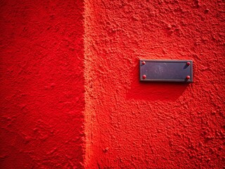 Macro Photography of a Vibrant Red Wall Featuring a Blank Sign with Textured Surfaces and Shadows, Perfect for Customizable Advertising or Artistic Display