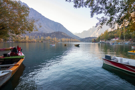Landscape of Upper Kachura lake in Skardu, Pakistan. Tourists can enjoy trekking, hiking and boating. The lake is surrounded by wonderful sights to give a sense of relief, peace and tranquility.