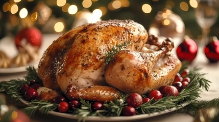 Perfect Christmas Turkey on Festive Table with Garnishes and Ornaments, generated ai
