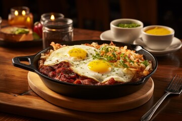 Charming rustic breakfast  sizzling bacon and eggs in cast iron skillet on wooden table