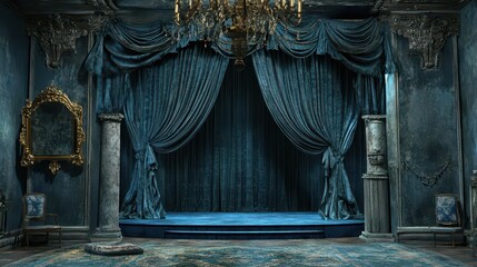 Vintage theater stage with luxurious blue curtains and classical decor. World Theatre day. Horizontal banner. Copy space. Blue fabric texture background