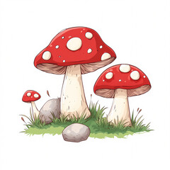 Explore whimsical mushroom growth in a detailed forest illustration. On white background