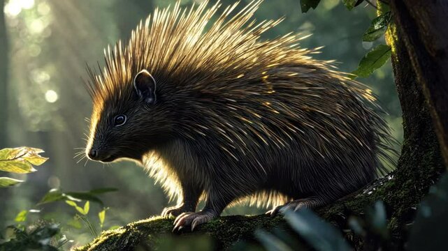 Long-tailed Porcupine, quills illuminated under dappled forest light.