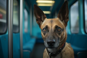 Obraz premium Lonely dog sitting on an empty public bus, capturing a moment of solitude and curiosity