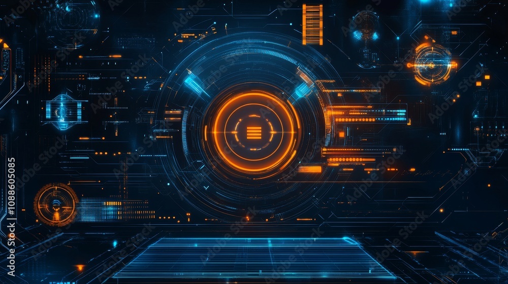 Poster a futuristic digital interface featuring glowing elements and data visualization.