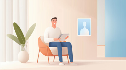 2D illustration of A serene home office space with a man speaking to a holographic health expert on a tablet, surrounded by soft, neutral tones and modern furniture