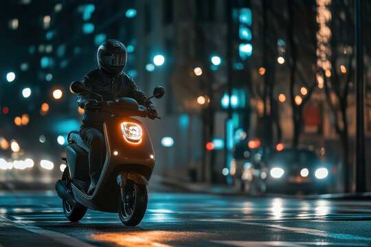 Helmeted rider on a sleek scooter navigating through the vibrant city streets at night, illuminated by streetlights and a glowing scooter headlight.