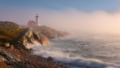 Lonely lighthouse standing tall in dense fog at peggy's cove