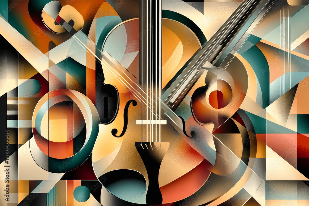 Poster abstract vector illustration featuring musical instruments like guitar and violin in a retro color p