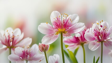 Obraz premium Close-up of vibrant spring flowers in soft pastel colors, surrounded by delicate white blossoms, against a neutral background