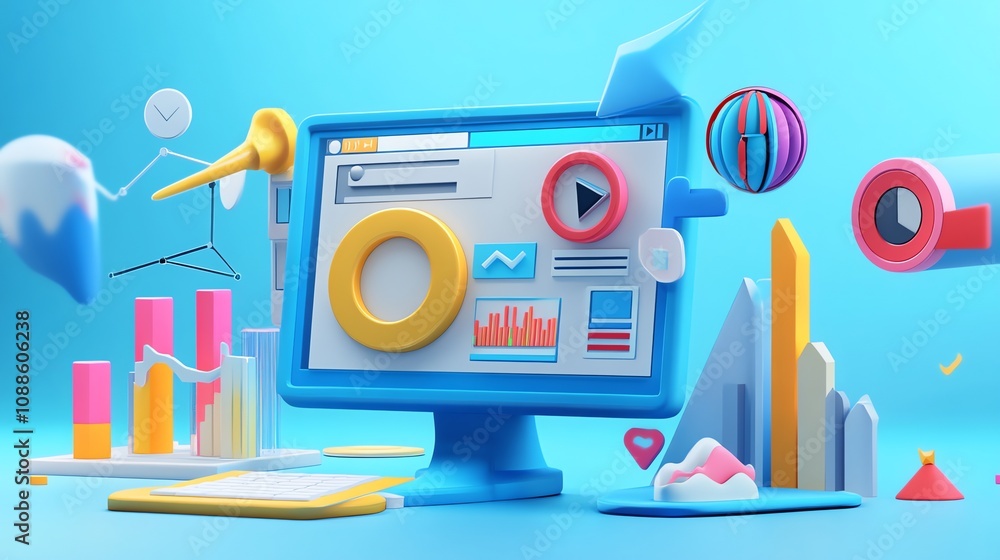Poster 3d rendering of colorful icons and charts depicting business growth and success.