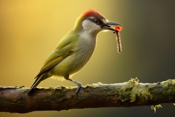 Green woodpecker perched on a dry branch with caterpillar in beak amidst yellow autumn foliage