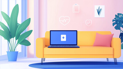 2D illustration of Remote Doctor Consultation on a Laptop in a Minimalist Living Room, Digital Health Symbols Floating in the Background Representing Telemedicine