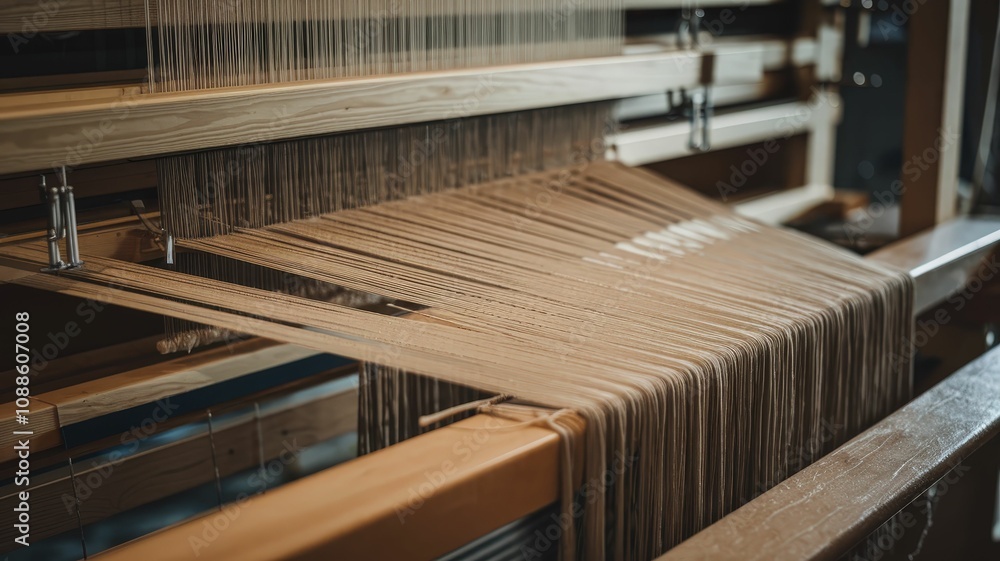 Poster a close-up view of a weaving loom, showcasing threads being manipulated to create fabric, highlighti
