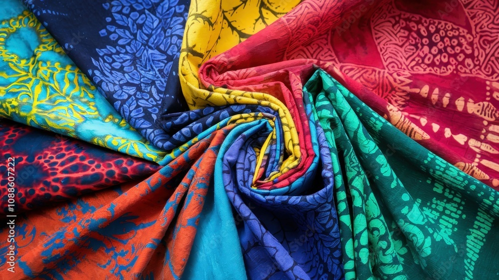 Poster a vibrant display of colorful fabrics, showcasing intricate patterns and textures that create a visu