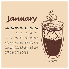 January calendar design for 2025 with a mug of hot chocolate with marshmallows. The winter month. A painted calendar planner in a minimalistic style, an annual organizer. Numbers for every day