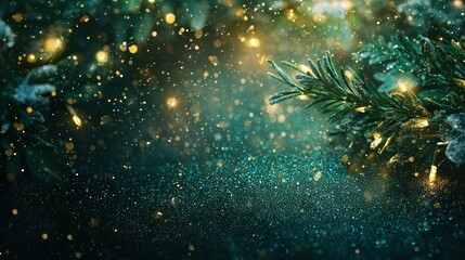 Fototapeta premium Magical christmas celebration enchanted forest atmospheric background dreamy environment close-up fairy lights and sparkles