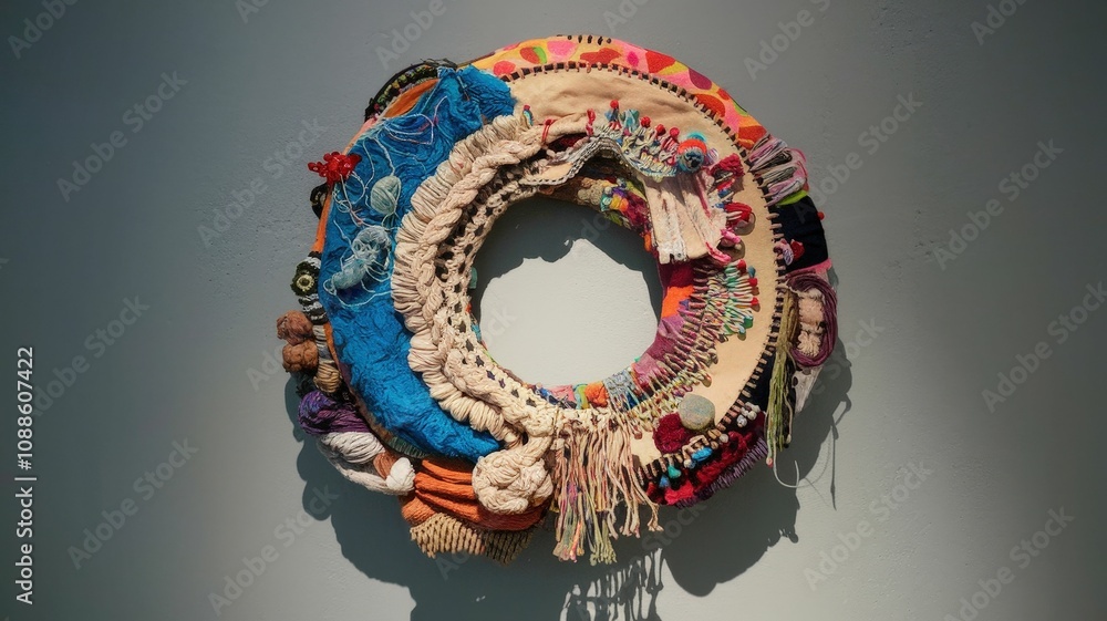 Poster a colorful, circular textile art piece featuring various patterns and textures, creating a vibrant d