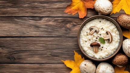 Cozy Autumn Feast Earthy Wild Mushroom Risotto in a Rustic Kitchen with Warm Light and Seasonal Decor