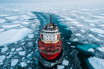 aerial view of big icebreaker ship in the ocean with ice floes