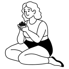 woman sit on floor eat chocolate cake