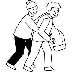 young man helps old woman to carry heavy bag-
