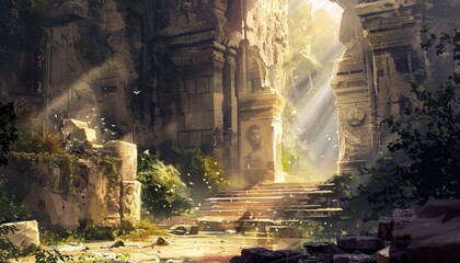 Sunlit Ruins with Stone Steps and Carved Bust
