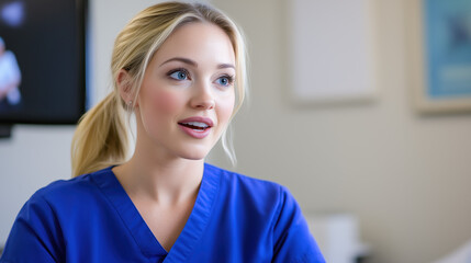 Fototapeta premium Telemedicine Appointment with Doctor in Blue Scrubs, Blonde Ponytail, Using Video Call to Communicate with Patient