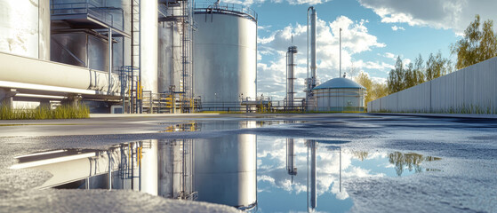 Obraz premium A detailed view of a water treatment plant featuring industrial tanks, pipe systems, and lush greenery under a blue sky with fluffy clouds