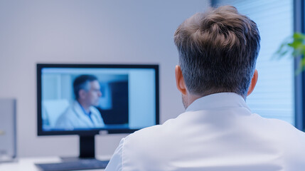 Fototapeta premium Professional Video-Remote Interpreter in White Shirt Providing Medical Interpretation during Virtual Session with Doctor and Patient on Screen