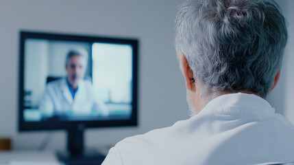 Fototapeta premium Remote Video Interpreter Wearing White Shirt Interpreting for Doctor-Patient Consultation on Video Call in Front of Computer