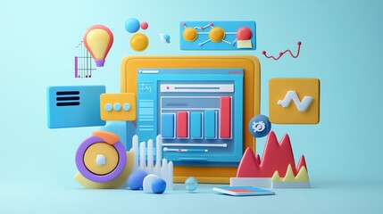 A 3D illustration of a computer screen with colorful icons and charts representing data and analytics.