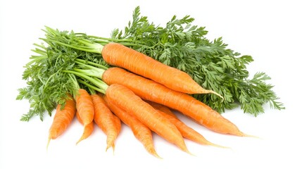 A whole bunch of fresh, bright orange carrots with their green leafy tops, Each carrot&rsquo;s vibrant color and subtle imperfections captured with precision
