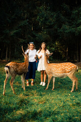 Two beautiful women stands in a grassy forest , feeding and interacting with two friendly deer. She is smiling and enjoying the peaceful moment surrounded by nature.